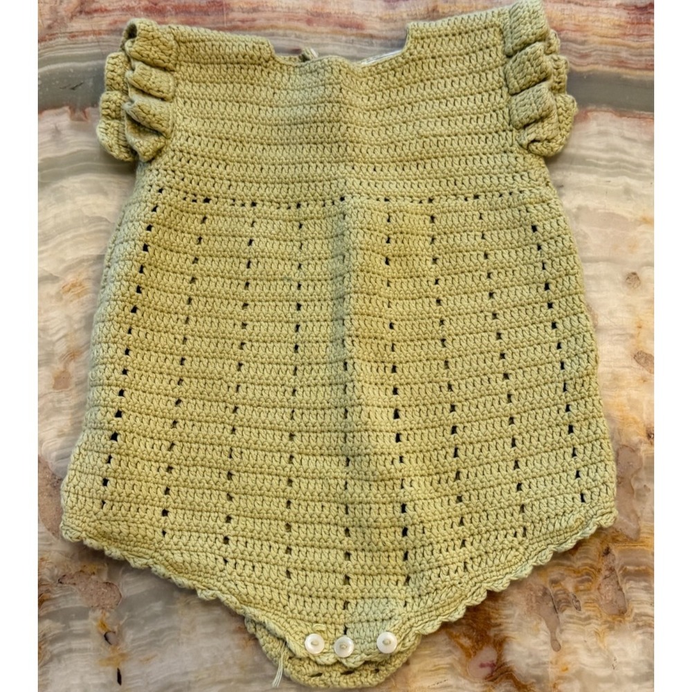 Kate Quinn Baby Girl Crochet Romper Green Organic Cotton Handmade 6-12M